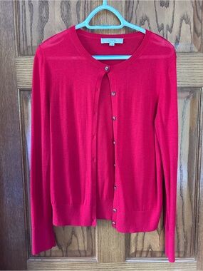 LOFT Bright Red Button-Front Crewneck Cardigan